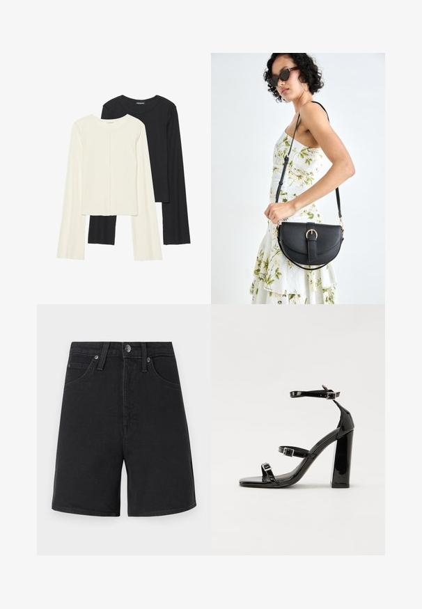 Két darabból álló hosszú ujjú felsők szettje fehér és fekete színben. Bordás textúra, kerek nyakkivágás, testhez simuló fazon, enyhén bővülő ujjakkal.; Fekete farmer rövidnadrág egyenes vonalban, öt zsebes kialakítással, fémből készült gombos záródással és diszkrét varrási részletekkel. Sima szövetfelület, közepes derékmagasság.; Fekete lakk magas sarkú szandál két csatos pánttal, négyzet alakú orral és tömzsi blokk sarokkal, sima, fényes felülettel.; Fekete bőrtáska ívelt formával, levehető pánttal és arany színű fémrészekkel. A táskán egy csattal díszített fedél található.