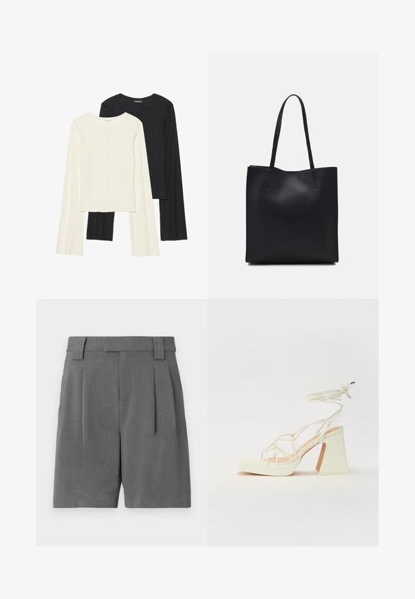 Set de două bluze cu mâneci lungi, una albă și una neagră. Textură ribbată, decolteu rotund, design ajustat cu mâneci ușor evazate.; Pantaloni scurți gri, croiți dintr-un material texturat de finețe. Prezintă pliuri frontale, bucle pentru curea și buzunare laterale pentru un aspect structurat.; Sandale albe cu toc înalt și gros, cu un design cu curele și legătură la gleznă. Textură netedă, cu o platformă frontală pentru înălțime suplimentară.; Geantă tote neagră din piele, cu textură netedă, formă rectangulară și două mânere lungi. Fără hardware vizibil sau ornamente.