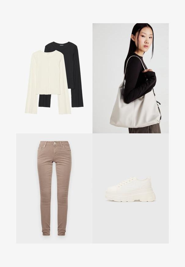 Két darabból álló hosszú ujjú felsők szettje fehér és fekete színben. Bordás textúra, kerek nyakkivágás, testhez simuló fazon, enyhén bővülő ujjakkal.; Szatén, világosbarna skinny nadrág, klasszikus ötpocket kialakítással, cipzáras sliccel és finom textúrájú felülettel.; Fehér vászon sportcipő vastag talppal, lekerekített orral és öt fűzőlyukkal. Hátulján egy fül a könnyű felvétel érdekében. Simára kidolgozott textúra, minimális dizájn.; Puha anyagból készült bézs kézitáska, laza dizájnnal, varrott részletekkel és két vállpánttal. Mindennapi használatra alkalmas.