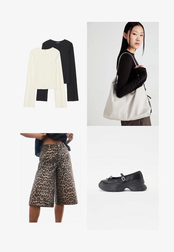 Set od dvije duge majice s dugim rukavima u bijeloj i crnoj boji. Rebrasta tekstura, okrugli izrez, uski kroj s blago raširenim rukavima.; Next JORT - Kratke hlače od trapera - leopard print; Crne kožne Mary Jane cipele s okruglim vrhom, detaljem u obliku mašne i podesivom naramenicom oko gležnja. Imaju debeli gumeni đon s zakrivljenim naglascima.; Bežna torba od mekog materijala s opuštenim dizajnom, šivanim detaljima i dva remena za rame. Pogodna za svakodnevnu upotrebu.