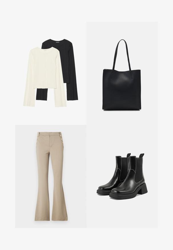 Set of two long-sleeve tops in white and black. Ribbed texture, round neck, fitted design with slightly flared sleeves.; Beige flared pants made of soft fabric, featuring a fitted waist and five decorative gold buttons on each side. Smooth texture with no patterns.; Black leather Chelsea boots with a chunky heel, elastic side panels, and contrasting white stitching. Textured finish.; Black leather tote bag with smooth texture, rectangular shape, and two long handles. No visible hardware or embellishments.