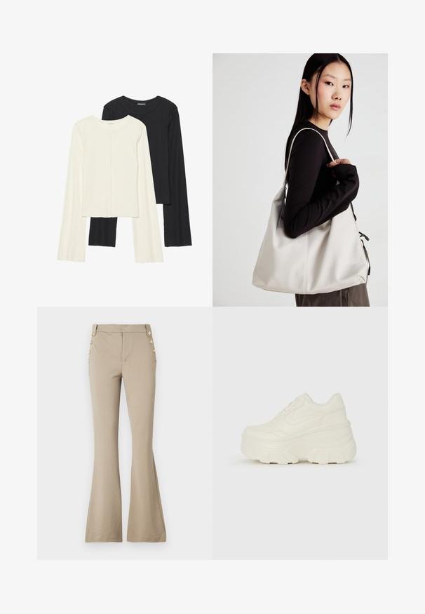 Set de două bluze cu mâneci lungi, una albă și una neagră. Textură ribbată, decolteu rotund, design ajustat cu mâneci ușor evazate.; Pantaloni evazați bej, dintr-un material moale, cu talie ajustată și cinci butoane decorative aurii pe fiecare latură. Textură netedă, fără modele.; Adidași platformă albi, cu un superior neted asemănător cu pielea, formă rotunjită, guler căptușit și talpă din cauciuc texturată cu borduri bine definite.; Geantă bej din material moale, cu un design lejer, detalii cusute și două bretele pentru umăr. Potrivită pentru utilizarea zilnică.