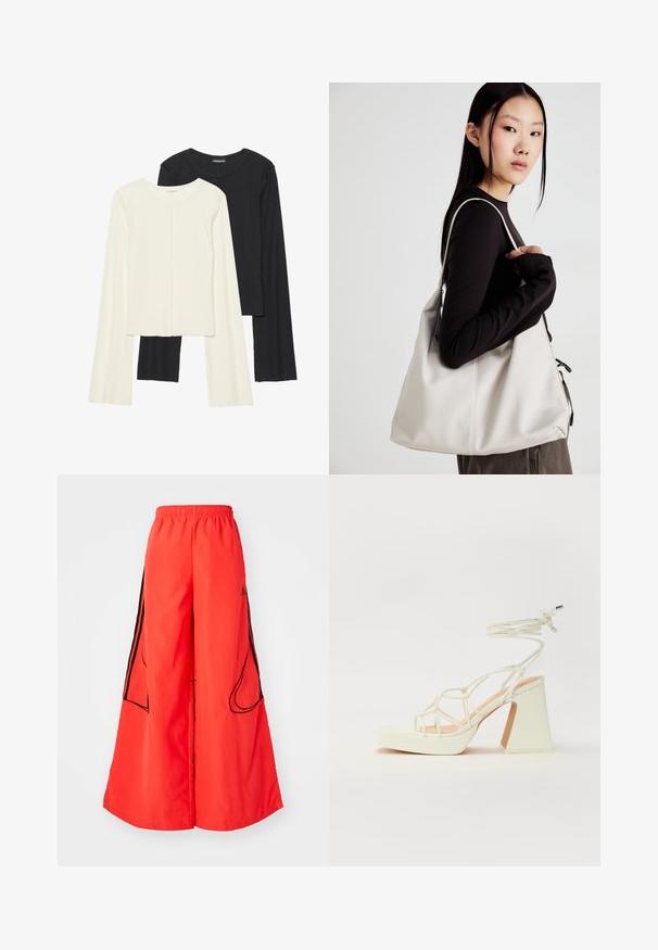Dviejų ilgomis rankovėmis marškinėlių rinkinys, baltas ir juodas. Raukšlėta tekstūra, apvalus kaklas, prigludusi forma su šiek tiek platėjančiomis rankovėmis.; Raudoni plačių kojų kelnių modeliai turi elastingą liemenį, kontrastingas juodas šonines juostas ir dvi išorines kišenes su lenktomis angomis.; Balti aukštakulniai sandalai su masyviu kulnu, su dirželių dizainu ir kulkšnies raiščiu. Lygi tekstūra su platforma priekyje, suteikianti papildomą aukštį.; Bežinė rankinė, pagaminta iš minkštos medžiagos, turinti laisvą dizainą, siuvinėtas detalės ir dvi petnešos. Tinkama kasdieniam naudojimui.