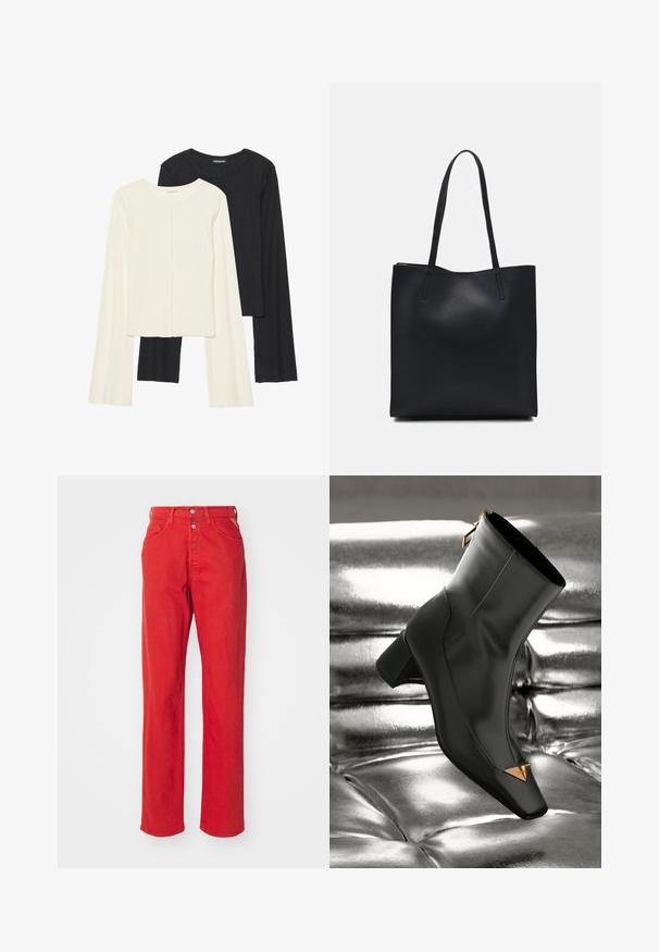 Dviejų ilgomis rankovėmis marškinėlių rinkinys, baltas ir juodas. Raukšlėta tekstūra, apvalus kaklas, prigludusi forma su šiek tiek platėjančiomis rankovėmis.; Raudoni džinsai su tiesiu kojų dizainu, aukštu liemeniu, mygtukų užtrauktuku ir penkiais kišenėmis. Audinys pasižymi lygiu paviršiumi be matomų raštų.; Juodos odinės kulkšninių botų su kvadratiniu pirštu, auksiniu trikampiu akcentu ir vidutinio aukščio kulniuku. Lygus paviršius priešais blizgantį sidabrinį foną.; Juodas odinis tote krepšys su lygia tekstūra, stačiakampio formos ir dviem ilgais rankenomis. Matomų metalinių detalių ar puošybos nėra.