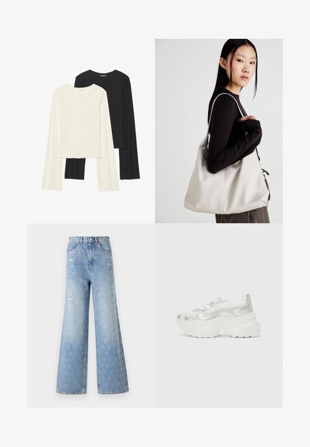 Dviejų ilgomis rankovėmis marškinėlių rinkinys, baltas ir juodas. Raukšlėta tekstūra, apvalus kaklas, prigludusi forma su šiek tiek platėjančiomis rankovėmis.; Šviesiai mėlynos džinsinės plačios kojų kelnės su širdelės formos nusidėvėjimo raštais ir sidabro spalvos kniedėmis. Aukštas liemuo su standartiniu penkių kišenių dizainu.; Sidabriniai sportbačiai su tekstūriniu tinkliniu viršumi ir iššokančiomis akcentais, turintys masyvų baltą pado ir raištelių užsegimą.; Bežinė rankinė, pagaminta iš minkštos medžiagos, turinti laisvą dizainą, siuvinėtas detalės ir dvi petnešos. Tinkama kasdieniam naudojimui.