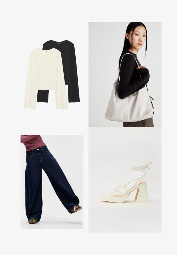 Sett med to langermede topper i hvit og svart. Ribbete tekstur, rund hals, tettsittende design med lett utsvingte ermer.; Mørkeblå vide jeans laget av denim, med kontrastsømmer, en frontlomme og en knappestang. Teksturen i stoffet er synlig.; Hvit høyhælte sandal med kraftig hæl, med en stroppe-design og ankelbånd. Glatt tekstur med plattform foran for ekstra høyde.; Beige håndveske laget av mykt materiale, med en slapp design, sydd detaljer og to skulderstropper. Passer for daglig bruk.