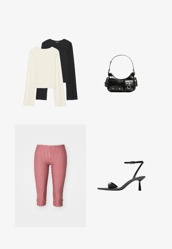 Set od dvije duge majice s dugim rukavima u bijeloj i crnoj boji. Rebrasta tekstura, okrugli izrez, uski kroj s blago raširenim rukavima.; Jaded London BEACH CAPRI TROUSERS - Tajice-hlače - red gingham; Bershka Sandale s visokom petom - black; Crna patentna kožna torba s zakrivljenim oblikom, jednim remenom za rame, prednjim džepovima i akcentima od srebrnog tona.