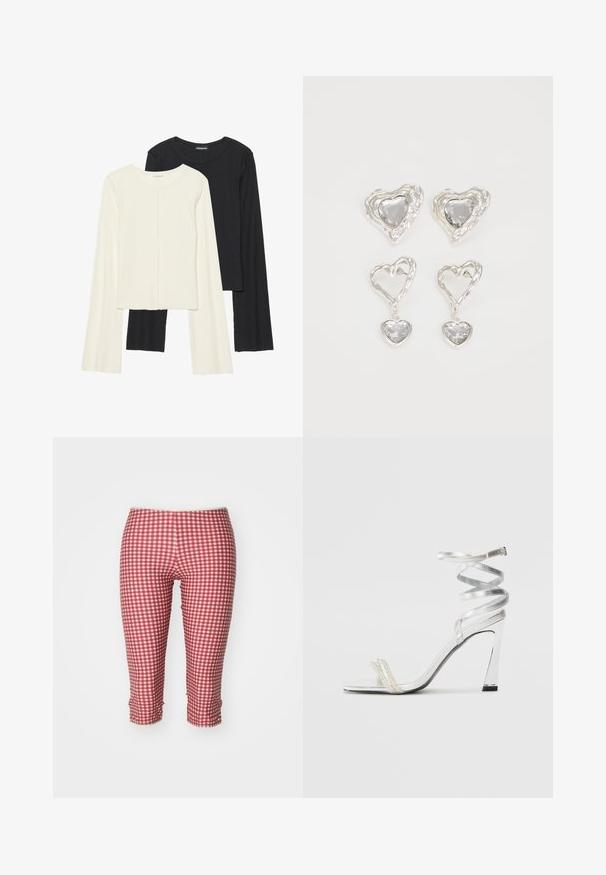 Set od dvije duge majice s dugim rukavima u bijeloj i crnoj boji. Rebrasta tekstura, okrugli izrez, uski kroj s blago raširenim rukavima.; Jaded London BEACH CAPRI TROUSERS - Tajice-hlače - red gingham; Srebrna sandala na visokoj potpetici s sjajnim dizajnom trake, s akcentom nalik biseru i spiralnom trakicom za gležanj radi sigurnog držanja.; Srebrne naušnice u obliku srca imaju fasetirane prozirne kamenčiće, s teksturiranim okvirom. Set uključuje naušnice na dugme i viseće stilove.