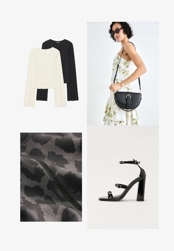 Set aus zwei Langarmoberteilen in Weiß und Schwarz. Rippstruktur, Rundhalsausschnitt, figurbetontes Design mit leicht ausgestellten Ärmeln.; Schwarzer Sportstoff mit einem dezenten Leopardenmuster. Glatte Textur mit sichtbaren Steppnähten entlang der Ränder.; Schwarze Lackleder-Sandalen mit hohen Absätzen, zwei Riemen mit Schnallen, quadratischer Zehenpartie und klobigem Blockabsatz, mit einer glatten, glänzenden Textur.; Schwarze Lederhandtasche mit geschwungener Form, abnehmbarem Tragegurt und goldenen Beschlägen. Die Tasche verfügt über einen Deckel mit einer Schnallen-Details.