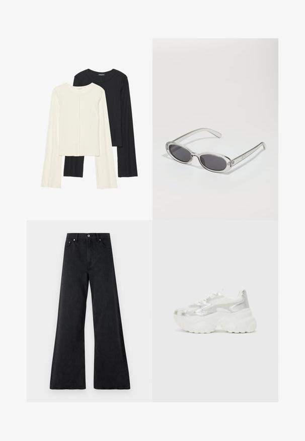 Dviejų ilgomis rankovėmis marškinėlių rinkinys, baltas ir juodas. Raukšlėta tekstūra, apvalus kaklas, prigludusi forma su šiek tiek platėjančiomis rankovėmis.; Juodos plačios kojos džinsai, pagaminti iš tekstūruotos denimo, su mygtukų uždarymu, diržo kilpos ir priekinėmis kišenėmis. Lygus paviršius, laisvas kirpimas.; Sidabriniai sportbačiai su tekstūriniu tinkliniu viršumi ir iššokančiomis akcentais, turintys masyvų baltą pado ir raištelių užsegimą.; Akiniai nuo saulės ovalo formos, su skaidriu plastiko rėmu, tamsiai pilkais objektyvais ir plonomis skaidriomis šakėmis, dekoruotais logotipų akcentais ir minimaliais detalėmis.; Bežinė rankinė, pagaminta iš minkštos medžiagos, turinti laisvą dizainą, siuvinėtas detalės ir dvi petnešos. Tinkama kasdieniam naudojimui.