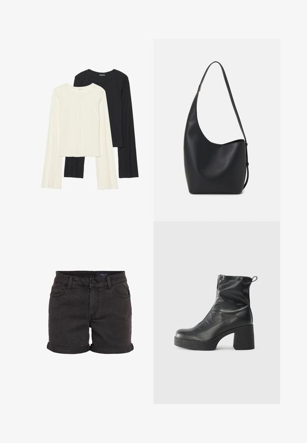 Set di due maglie a maniche lunghe, bianche e nere. Texture a coste, scollo tondo, design aderente con maniche leggermente svasate.; Shorts in denim nero con risvolti, dotati di un design a cinque tasche e chiusura con bottone in vita. Tessuto liscio, vestibilità casual.; Stivali neri alla caviglia in pelle liscia, con zip laterale, tacco spesso e texture, e punta arrotondata.; Borsa hobo nera in pelle con una superficie liscia, forma curvata e una singola tracolla regolabile; presenta un'ampia apertura nella parte superiore.
