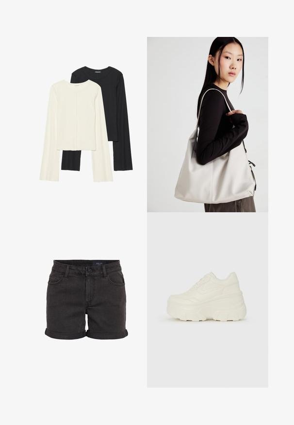 Divu garo piedurkņu tops komplekts baltā un melnā krāsā. Ribota tekstūra, apaļš kakls, pieguļoša dizaina ar nedaudz izplestām piedurknēm.; Melni denimi šorti ar apvītām malām, ar piecu kabatu dizainu un pogu aizdari jostasvietā. Gluda tekstūra, brīvs piegriezums.; Baltie platformas sporta apavi, kas izgatavoti no gludas mākslīgās ādas, ar noapaļotu formu, mīkstu apkakli un teksturētu gumijas zoli ar izteiktiem rakstiem.; Bežs rokassoma, izgatavota no mīksta materiāla, ar brīvu dizainu, izšūtu apdari un divām plecu siksnām. Piemērota ikdienas lietošanai.