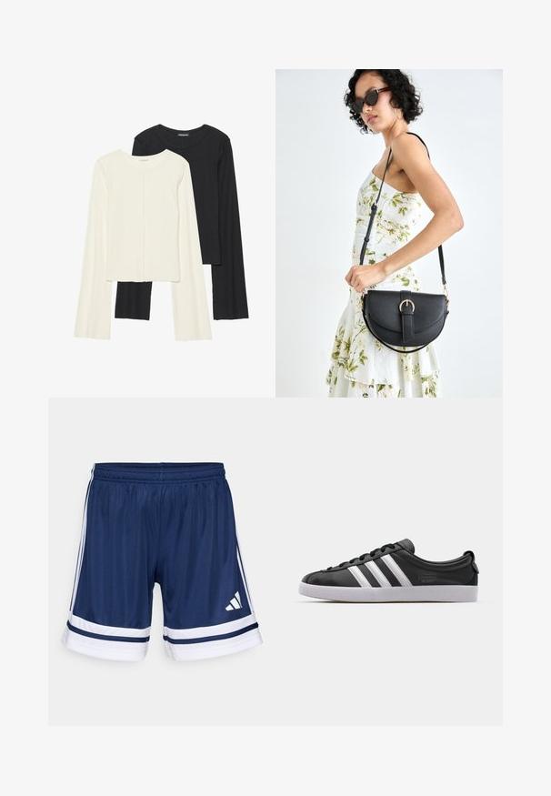 Set med två långärmade toppar i vitt och svart. Ribbade texturer, rund hals, figurnära design med något utställda ärmar.; Marinblå idrottsshorts i lättviktstyg, med vita detaljer och tre vita ränder på sidorna. Justerbar elastisk midja.; Svarta lädersneakers med vit tre-stripesdesign, rund tå, platt vit gummisula och varumärkesdetalj på sidan.; Svart läderhandväska med en böjd form, avtagbar rem och guldiga detaljer. Väskan har ett lock med en spänndetalj.