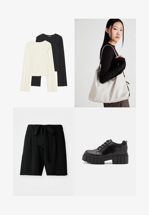 Set of two long-sleeve tops in white and black. Ribbed texture, round neck, fitted design with slightly flared sleeves.; Black shorts made of textured fabric, featuring a tie closure at the waist, and a relaxed fit, reaching mid-thigh in length.; Black leather platform shoes with a chunky block heel, round toe, and traditional lace-up design. Features smooth texture and minimal detailing.; Beige handbag made of soft material, featuring a slouchy design, stitched detailing, and two shoulder straps. Suitable for everyday use.