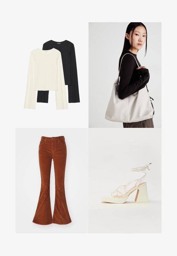 Set of two long-sleeve tops in white and black. Ribbed texture, round neck, fitted design with slightly flared sleeves.; Brown corduroy flared pants with five pockets, front button closure, and textured fabric. Distinctive wide leg design.; White high-heeled sandal with a chunky heel, featuring a strappy design and ankle tie. Smooth texture with a platform front for added height.; Beige handbag made of soft material, featuring a slouchy design, stitched detailing, and two shoulder straps. Suitable for everyday use.