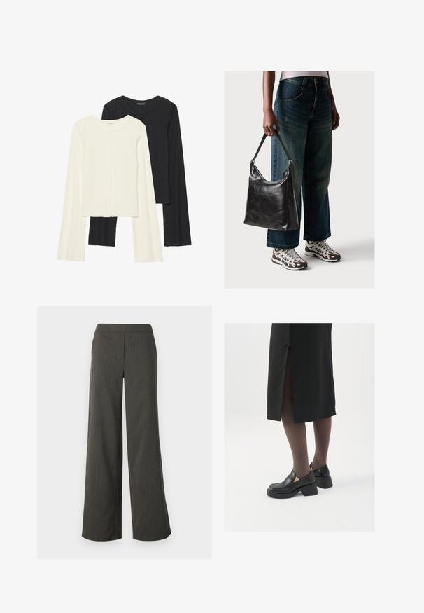 Súprava dvoch dlhých rukávov v bielej a čiernej farbe. Žebrovaná textúra, okrúhly výstrih, priliehavý strih s mierne rozšírenými rukávmi.; Široké nohavice tmavošedej farby s vertikálnymi pruhmi, ktoré majú hladkú textúru a elastický pás pre pohodlie.; Čierne kožené topánky s okrúhlou špičkou, silným blokovým opätkom a elastickými bočnými akcentmi, skombinované s tmavými pančuchami a čiernou sukňou so štiepením.; Čierna kožená taška cez rameno s hladkou textúrou a nastaviteľným popruhom, skombinovaná s vyblednutými širokými džínsy a športovými teniskami.