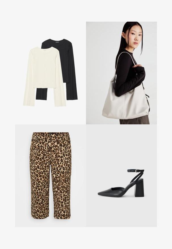 Ensemble de deux hauts à manches longues en blanc et noir. Texture côtelée, col rond, design ajusté avec des manches légèrement évasées.; Pantalons en imprimé léopard en tissu doux. Présentent une taille élastique, une longueur cropped, et un motif de taches noires et brunes sur fond beige.; Escarpin noir en cuir à bout pointu avec une bride de cheville et un talon épais. Texture lisse, design élégant et esthétique minimaliste.; Sac à main beige en matériau souple, avec un design décontracté, des détails cousus et deux poignées. Idéal pour un usage quotidien.