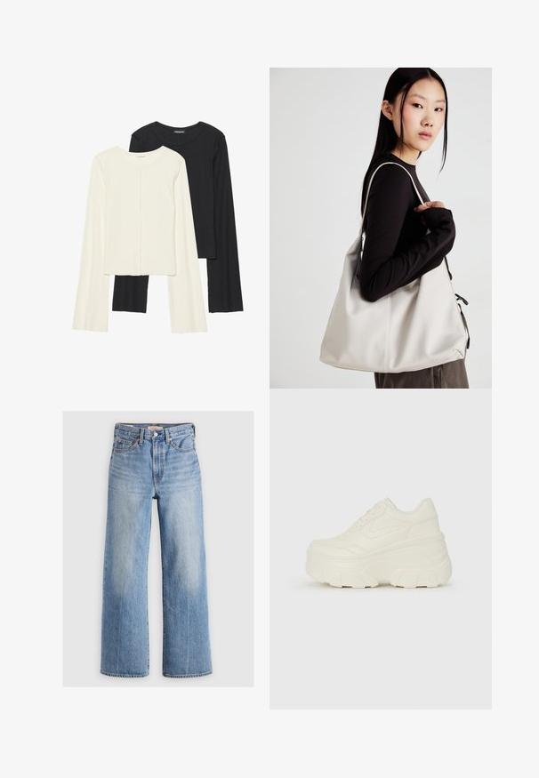 Conjunto de duas blusas de manga longa em branco e preto. Textura canelada, decote redondo, design ajustado com mangas ligeiramente evasê.; Calças de ganga largas de denim azul claro com uma cintura alta, áreas desbotadas, cinco bolsos e costura em contraste. Fecho clássico com botão e zíper.; Tênis brancos de plataforma com um cabedal suave semelhante a couro, formato arredondado, colarinho acolchoado e sola de borracha texturizada com ranhuras bem definidas.; Uma bolsa bege feita de material macio, com um design descontraído, detalhes de costura e duas alças para o ombro. Adequada para uso diário.