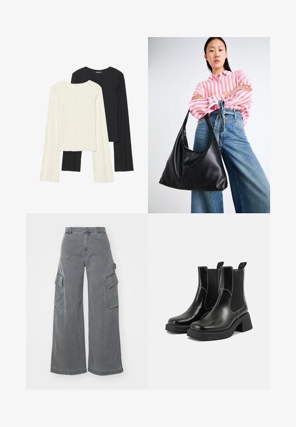 Conjunto de duas blusas de manga longa em branco e preto. Textura canelada, decote redondo, design ajustado com mangas ligeiramente evasê.; Calças cargo largas cinzentas feitas de algodão, com dois bolsos laterais cargo e uma cintura alta, com um acabamento suave e ligeiramente texturizado.; Botas Chelsea em couro preto com um salto grosso, painéis laterais elásticos e costura branca em contraste. Acabamento texturizado.; Bolsa de ombro em couro preto com uma forma descontraída e detalhes costurados. O modelo usa uma camisa listrada em rosa e branco com jeans de perna larga azul.