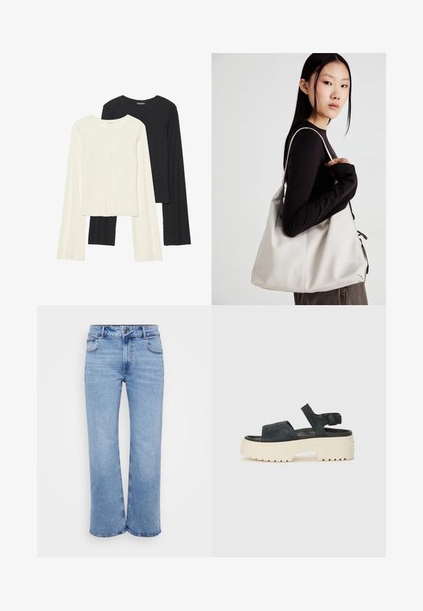 Sett med to langermede topper i hvit og svart. Ribbete tekstur, rund hals, tettsittende design med lett utsvingte ermer.; Lyseblå vide jeans laget av denim, med fem lommer, glidelås foran og knappelukking. Svelte sømdetaljer langs sømmene.; Sorte semsket platåsandaler med en kraftig hvit såle, bred fremre stropp og justerbar ankelspenne. Teksturert yttersåle for godt grep.; Beige håndveske laget av mykt materiale, med en slapp design, sydd detaljer og to skulderstropper. Passer for daglig bruk.