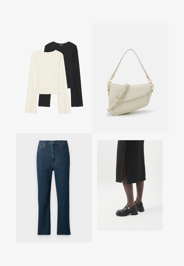 Conjunto de duas blusas de manga longa em branco e preto. Textura canelada, decote redondo, design ajustado com mangas ligeiramente evasê.; Jeans de ganga azul-escuro com corte reto, apresentando um fecho de botão, cinco bolsos e costura em contraste. Textura suave.; Sapatos de couro pretos com bico arredondado, salto bloco grosso e detalhes elásticos laterais, combinados com meias escuras e uma saia preta com uma abertura.; Pequena bolsa de creme com um acabamento texturizado, uma alça longa ajustável, um detalhe em corrente e um fecho de aba. Detalhes em hardware dourado.