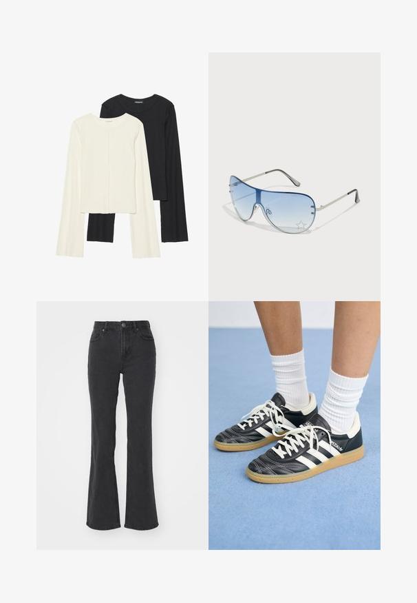 Conjunto de duas blusas de manga longa em branco e preto. Textura canelada, decote redondo, design ajustado com mangas ligeiramente evasê.; Jeans flare pretos feitos de denim, com cintura alta, cinco bolsos e fecho de botão. O tecido tem uma textura suave e um desvanecimento mínimo.; Sapatilhas de couro preto com riscas brancas, biqueira redonda, atacadores brancos e sola de borracha de goma. Destacadas pelo colarinho acolchoado e detalhes de marca.; Óculos de sol aviador com lentes azuis em degradê, armação metálica prateada e detalhes decorativos de estrelas nas lentes. Design suave e elegante.