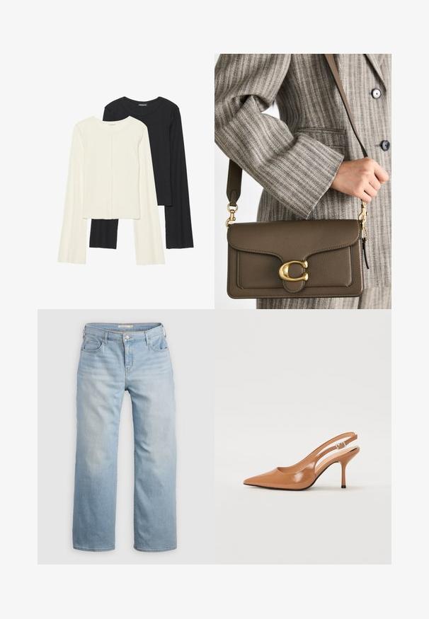 Kaksik Eri pikkusega valge ja musta värvi pikkade varrukatega topsi. Ribikstruktuur, ümar kaelus, lihav disain, veidi laienevate varrukatega.; Heledatud sinised laiad teksad, mis on valmistatud denimist. Omavad kõrget vööd, viit taskut ja kontrastset õmblust. Sile tekstuur koos tuhmumisega.; Küüntega slingback konts, mis on valmistatud siledast ja läikivast tan värvi materjalist. Omab kaarjat lõigatud disaini ja õhukest stiletto kontsa. Hõbedane pandla detail.; COACH TABBY SHOULDER BAG 26 - Käekott - dark stone