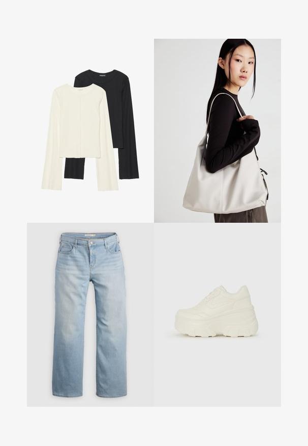 Divu garo piedurkņu tops komplekts baltā un melnā krāsā. Ribota tekstūra, apaļš kakls, pieguļoša dizaina ar nedaudz izplestām piedurknēm.; Gai zili plati džinsi, izgatavoti no denima. Iespējamais augstais jostasvieta, piecas kabatas un kontrastējoša šūšana. Gluda tekstūra ar nolietotu apdari.; Baltie platformas sporta apavi, kas izgatavoti no gludas mākslīgās ādas, ar noapaļotu formu, mīkstu apkakli un teksturētu gumijas zoli ar izteiktiem rakstiem.; Bežs rokassoma, izgatavota no mīksta materiāla, ar brīvu dizainu, izšūtu apdari un divām plecu siksnām. Piemērota ikdienas lietošanai.