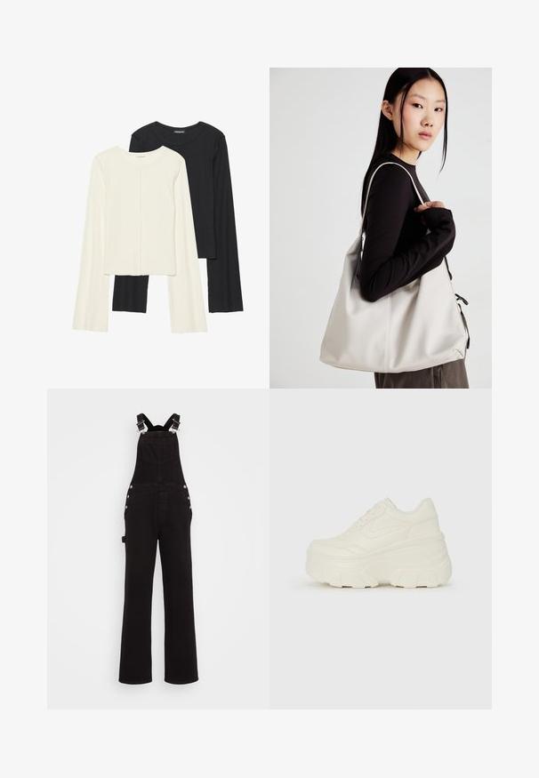 Sett med to langermede topper i hvit og svart. Ribbete tekstur, rund hals, tettsittende design med lett utsvingte ermer.; Sorte denim jumpsuit med brede ben, justerbare skulderstropper, sideknapper og frontlommer. Glatt tekstur og slitesterkt stoff.; Hvite plattformsnickers med en glatt læraktig overdel, avrundet form, polstret krage og teksturert gummisåle med tydelige dekk.; Beige håndveske laget av mykt materiale, med en slapp design, sydd detaljer og to skulderstropper. Passer for daglig bruk.