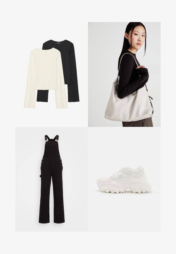 Souprava dvou dlouhých rukávů v bílé a černé barvě. Hladká textura, kulatý výstřih, upnutý střih s mírně rozšířenými rukávy.; Černé denimové overalové kalhoty s širokými nohavicemi, nastavitelnými ramínky, bočními knoflíky a předními kapsami. Hladký povrch a pevná tkanina.; Bílé robustní tenisky s texturovaným svrškem, síťovinovými panely a silnými gumovými podrážkami s výrazným vzorem protiskluzu. Součástí jsou tkaničky a poutko.; Beige kabelka vyrobená z měkkého materiálu, s volným designem, prošívanými detaily a dvěma ramenními popruhy. Vhodná pro každodenní použití.