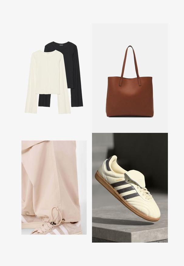 Set med två långärmade toppar i vitt och svart. Ribbade texturer, rund hals, figurnära design med något utställda ärmar.; Beige byxor i lätt material, med dragsko i bensluten och matchade med beiga sneakers som har vita ränder.; Krämfärgad lädersneaker med tre mörka ränder, en brun gummisula och rundad tå. Har en vikbar tunga märkt "SAMBA."; Brun läder tote-väska med en slät textur, öppen toppdesign och två axelremmar. Har minimal söm och ingen synlig metalldetalj.