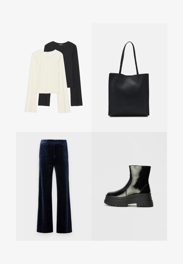 Set van twee longsleeve tops in wit en zwart. Geribbelde textuur, ronde hals, aansluitend ontwerp met licht uitlopende mouwen.; Marineblauwe flairbroek van zachte fluweel. Heeft een soepele textuur, een op maat gemaakte tailleband en strakke snijkanten. Geen zichtbare hardware of patronen.; Zwarte glanzende enkelboot met dikke profielzool en ronde neus, zijaanzicht op een effen lichtgrijze achtergrond.; Zwarte leren handtas met een gladde textuur, rechthoekige vorm en twee lange handvaten. Geen zichtbare hardware of versieringen.