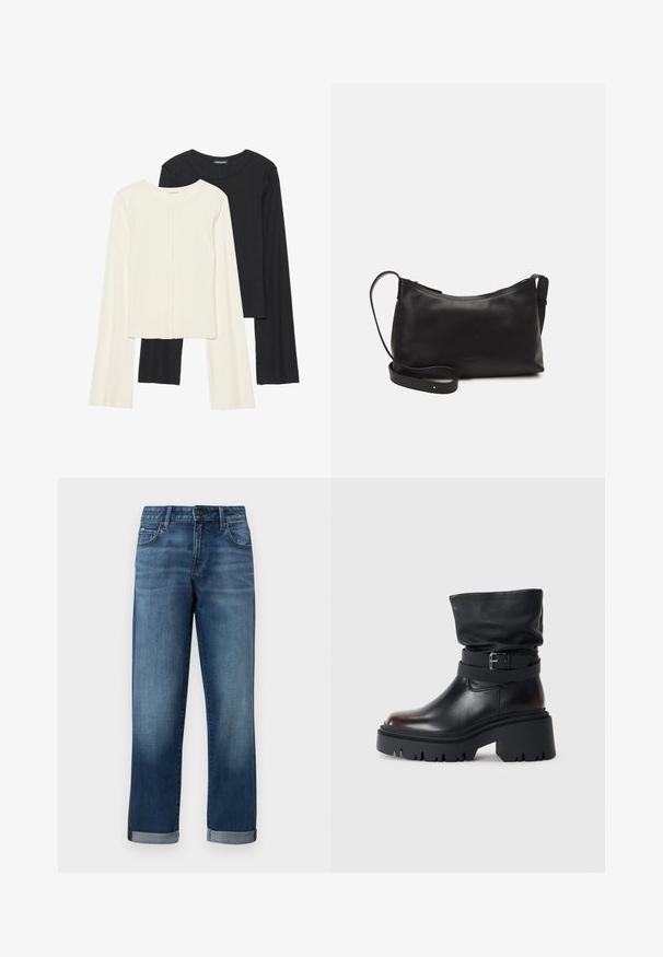 Conjunto de duas blusas de manga longa em branco e preto. Textura canelada, decote redondo, design ajustado com mangas ligeiramente evasê.; Jeans de denim numa lavagem azul média com um corte reto, apresentando punhos dobrados e um desgaste mínimo. Estilo clássico de cinco bolsos.; Bota de tornozelo em couro preto com parte superior solta, detalhe em fivela e sola grossa e resistente. Apresenta bico redondo e textura suave.; Bolsa de ombro em pele preta com textura suave, forma curva, alça ajustável e fecho com zip. Design minimalista sem adornos.
