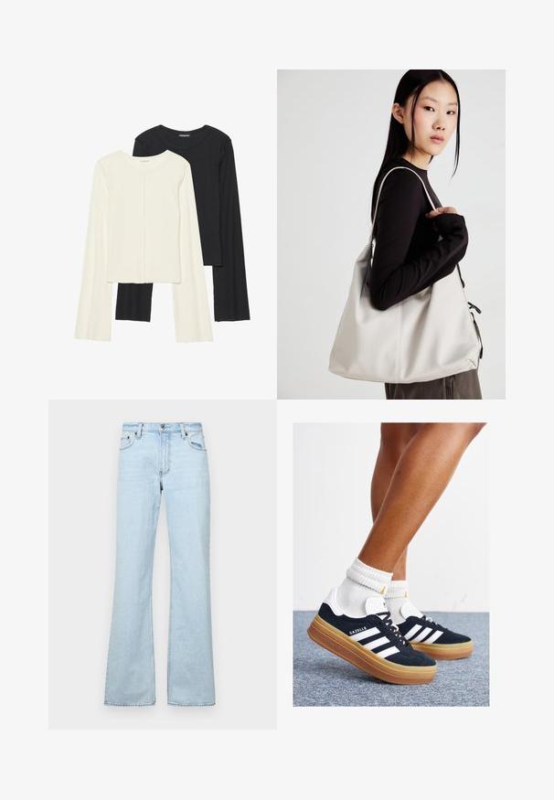 Set de două bluze cu mâneci lungi, una albă și una neagră. Textură ribbată, decolteu rotund, design ajustat cu mâneci ușor evazate.; Jeans evazați de un albastru deschis, realizati din denim, având cinci buzunare, închidere cu buton în față și detalii de cusătură. Textură netedă, design casual.; Adidași negri din piele întoarsă cu dungi și accente albe, vârf rotund, talpă de cauciuc gumă, asortați cu șosete albe cu model nervurat.; Geantă bej din material moale, cu un design lejer, detalii cusute și două bretele pentru umăr. Potrivită pentru utilizarea zilnică.