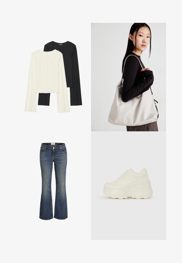 Conjunto de duas blusas de manga longa em branco e preto. Textura canelada, decote redondo, design ajustado com mangas ligeiramente evasê.; Jeans de ganga azul com ligeira descoloração nas coxas e joelhos, com botão e zipper na frente, estilo de perna bootcut.; Tênis brancos de plataforma com um cabedal suave semelhante a couro, formato arredondado, colarinho acolchoado e sola de borracha texturizada com ranhuras bem definidas.; Uma bolsa bege feita de material macio, com um design descontraído, detalhes de costura e duas alças para o ombro. Adequada para uso diário.
