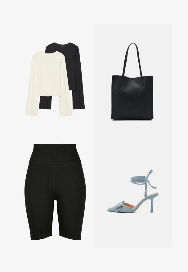Ensemble de deux hauts à manches longues en blanc et noir. Texture côtelée, col rond, design ajusté avec des manches légèrement évasées.; Shorts de vélo taille haute noirs en tissu extensible, avec une texture lisse et un ourlet piqué, conçus pour le confort et la liberté de mouvement.; Escarpin à bout pointu en tissu bleu clair avec une finition texturée, muni d'un accent en nœud et d'une bride à la cheville pour un maintien sécurisé.; Sac fourre-tout en cuir noir avec une texture lisse, de forme rectangulaire et deux longues poignées. Pas de matériel ou d'ornementations visibles.