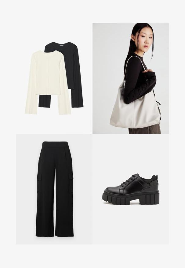 Set med två långärmade toppar i vitt och svart. Ribbade texturer, rund hals, figurnära design med något utställda ärmar.; Svarta cargobyxor med vida ben, tillverkade av ett mjukt, stretchigt tyg. Har två sidofickor med lock och hög midja.; Svarta läderplattformsskor med en kraftig blockklack, rund tå och traditionell snörningsdesign. Har en slät textur och minimal detaljering.; Beige handväska tillverkad av mjukt material, med en avslappnad design, sydda detaljer och två axelremmar. Lämplig för dagligt bruk.