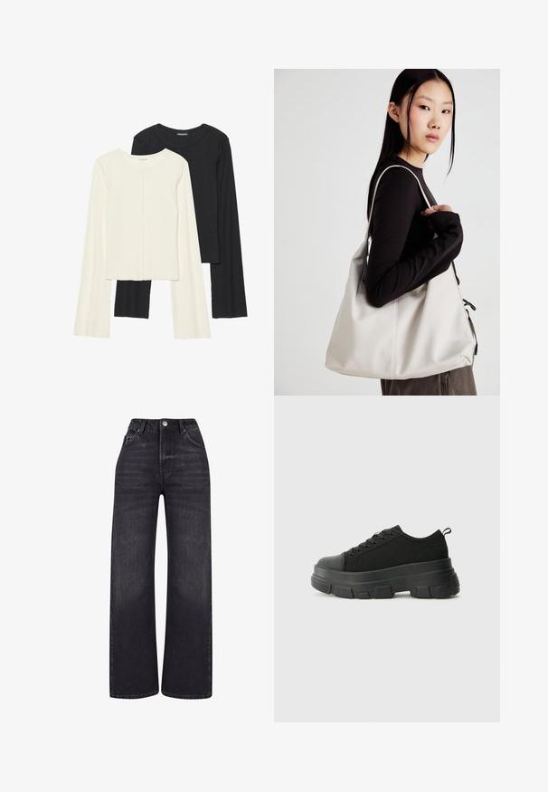 Kaksik Eri pikkusega valge ja musta värvi pikkade varrukatega topsi. Ribikstruktuur, ümar kaelus, lihav disain, veidi laienevate varrukatega.; 2Y Studios NAYA BASIC LIGHT - Wide leg - washed black; Mustad mustad mustikad, millel on tugev kummist põhi, tekstuuriga kangast pealis, ümar varvas ja seotud disain. Omab tugevdatud silmuseid ja tagumist tõmbeotsta.; Bež käekott pehme materjali, millel on lõtv disain, õmblustega detailid ja kaks õlarihma. Sobib igapäevaseks kasutamiseks.