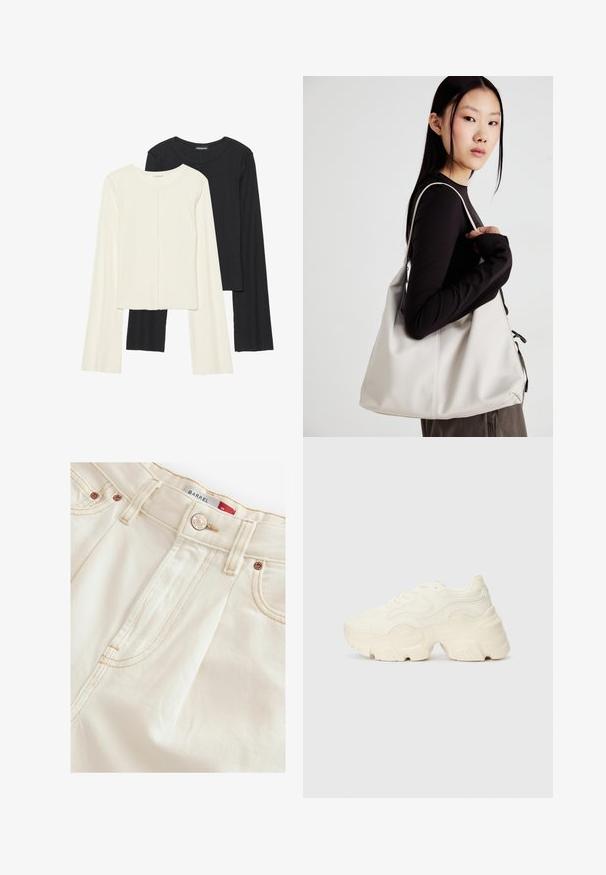 Divu garo piedurkņu tops komplekts baltā un melnā krāsā. Ribota tekstūra, apaļš kakls, pieguļoša dizaina ar nedaudz izplestām piedurknēm.; Kremkrāsas džinsi ar taisnu griezumu, kas aprīkoti ar vara detaļām, tonālām šuvēm un redzamām sānu šuvēm, lai nodrošinātu struktūru.; Masīvi balti sportisti, kas izgatavoti no strukturēta sieta un sintētiskajiem materiāliem, ar biezu zoli un sarežģītām rakstu detaļām gar sāniem.; Bežs rokassoma, izgatavota no mīksta materiāla, ar brīvu dizainu, izšūtu apdari un divām plecu siksnām. Piemērota ikdienas lietošanai.