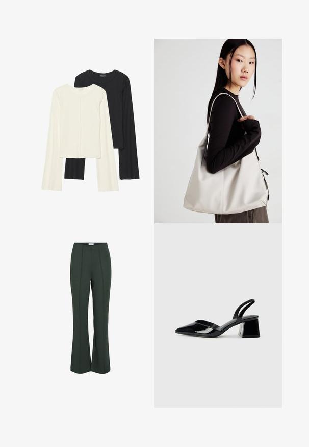 Két darabból álló hosszú ujjú felsők szettje fehér és fekete színben. Bordás textúra, kerek nyakkivágás, testhez simuló fazon, enyhén bővülő ujjakkal.; Lágy anyagból készült, bővülő zöld nadrág, elülső redőkkel és sima tapintással. Egyszerű derékpánt, látható fém alkatrészek nélkül.; Fekete lakk bőr szandálkés magas sarkú cipő, hegyes orral és geometrikus tömbsarkakkal. Karcsú, minimalista dizájn és sima textúra jellemzi.; Puha anyagból készült bézs kézitáska, laza dizájnnal, varrott részletekkel és két vállpánttal. Mindennapi használatra alkalmas.