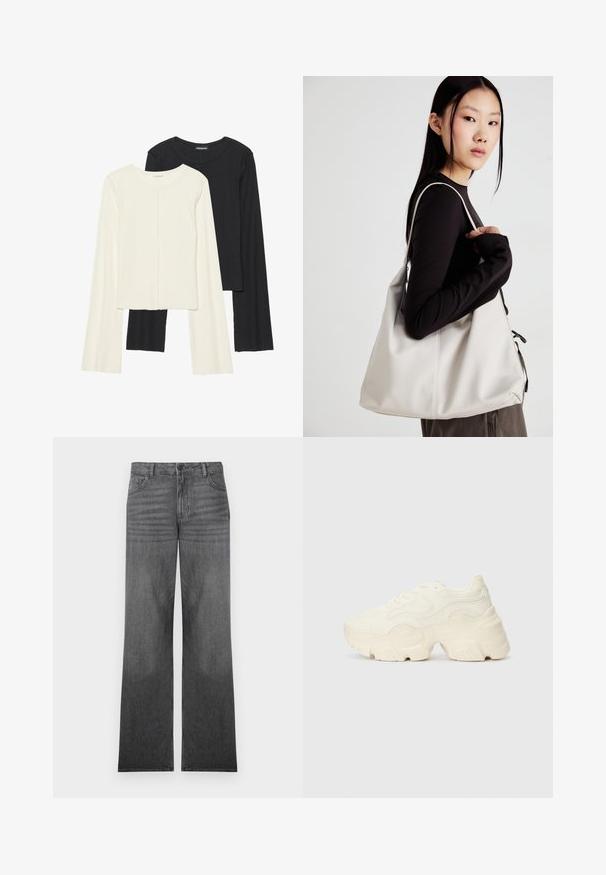 Súprava dvoch dlhých rukávov v bielej a čiernej farbe. Žebrovaná textúra, okrúhly výstrih, priliehavý strih s mierne rozšírenými rukávmi.; Šedé denimo nohavice so širokými nohavicami a stredným praním, s piatimi vreckami, predným zapínaním na gombík a jemným prešívaním.; Masívne biele tenisky vyrobené z texturovanej sieťoviny a syntetických materiálov, s hrubou podošvou a zložitými vzorovými detailmi na bokoch.; Béžová kabelka vyrobená z mäkkého materiálu, s uvoľneným dizajnom, prišitými detailmi a dvoma popruhmi na nosenie na pleciach. Vhodná na každodenné nosenie.