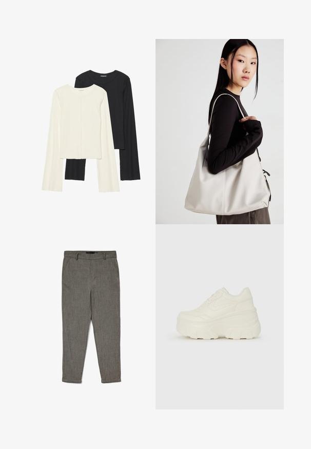 Set med två långärmade toppar i vitt och svart. Ribbade texturer, rund hals, figurnära design med något utställda ärmar.; Herrgrå tapered byxor i kontorsstil med bältesöggor, sidofickor och uppvikta nederkanter, tillverkade av strukturerad tyg.; Vita plattformssneakers med en slät läderliknande överdel, rundad form, vadderad krage och texturerad gummisula med definierade mönster.; Beige handväska tillverkad av mjukt material, med en avslappnad design, sydda detaljer och två axelremmar. Lämplig för dagligt bruk.