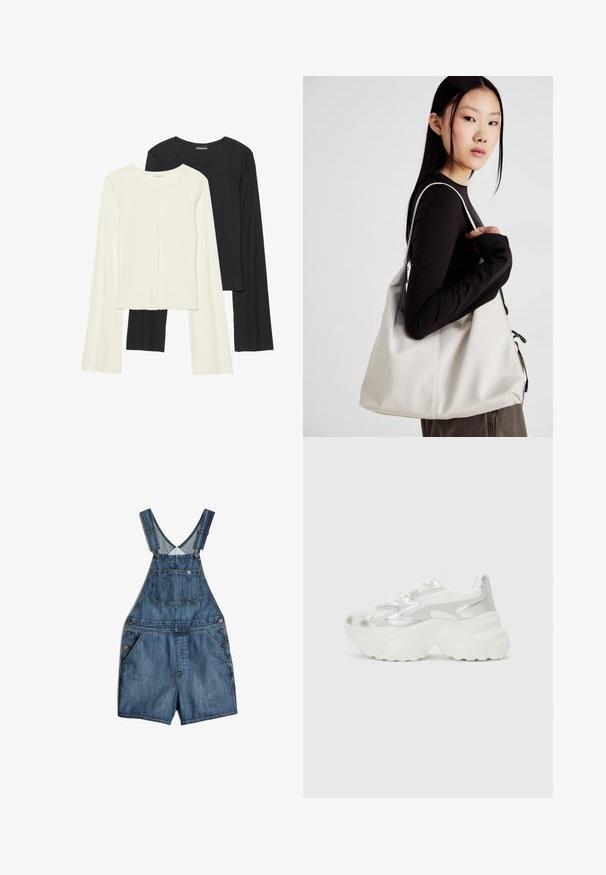 Set od dvije duge majice s dugim rukavima u bijeloj i crnoj boji. Rebrasta tekstura, okrugli izrez, uski kroj s blago raširenim rukavima.; Traperice s naramenicama u srednje plavoj boji, s podesivim trakama, prednjim džepom i bočnim kopčama na dugmad. Materijal ima glatku teksturu.; Srebrne tenisice s teksturiranim mrežastim gornjištem i iridescentnim akcentima, s debelim bijelim potplatom i vezanjem na vezice.; Bežna torba od mekog materijala s opuštenim dizajnom, šivanim detaljima i dva remena za rame. Pogodna za svakodnevnu upotrebu.