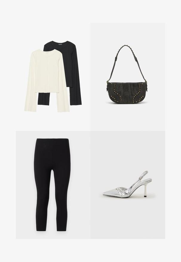 Két darabból álló hosszú ujjú felsők szettje fehér és fekete színben. Bordás textúra, kerek nyakkivágás, testhez simuló fazon, enyhén bővülő ujjakkal.; Fekete leggings rugalmas anyagból. Zökkenőmentes derékpánttal és sima textúrájú, testhezálló, bokáig érő kialakítással rendelkezik.; Ezüst slingback magas sarkú cipő hegyes orral, fémszerű felülettel, két dekoratív pánttal és vékony sarkú, fekete végű dizájnnal.; Fekete velúr táska ívelt kialakítással, szegecses részletekkel és texturált felülettel. Állítható pánt, a széle mentén tűzijáték részletekkel.