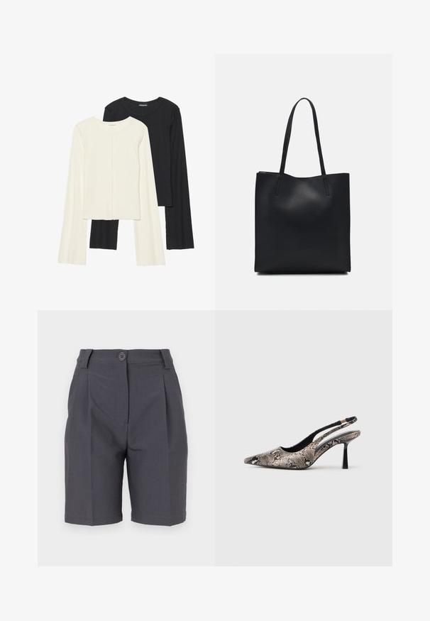 Két darabból álló hosszú ujjú felsők szettje fehér és fekete színben. Bordás textúra, kerek nyakkivágás, testhez simuló fazon, enyhén bővülő ujjakkal.; Szürke, szabott, pliszírozott nadrágshort, gombos záródással és oldalsó zsebekkel. Simából készült, könnyű anyagból, amely strukturált fazont biztosít.; Ívelt orrú slingback cipők, amelyek texturált kígyóbőr hatású anyagból készültek, karcsú fekete sarokkal és oldalsó kivágásos dizájnnal rendelkeznek.; Fekete bőrtáska sima felszínnel, téglalap alakú, két hosszú füllel. Nincs látható fémkiegészítő vagy díszítés.