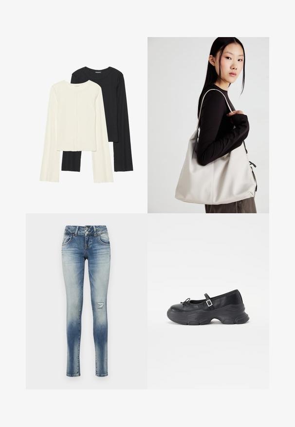 Conjunto de dos camisetas de manga larga en blanco y negro. Textura acanalada, cuello redondo, diseño ajustado con mangas ligeramente acampanadas.; Jeans skinny de denim azul con un lavado desgastado, detalle de rodillas desgastadas, cinco bolsillos y una bragueta de botones con dos botones en una cinturilla recta.; Zapato Mary Jane de cuero negro con punta redondeada, detalle de lazo y correa ajustable en el tobillo. Presenta una suela de goma gruesa con acentos curvados.; Bolso de mano beige hecho de material suave, con un diseño holgado, detalles cosidos y dos asas. Adecuado para uso diario.
