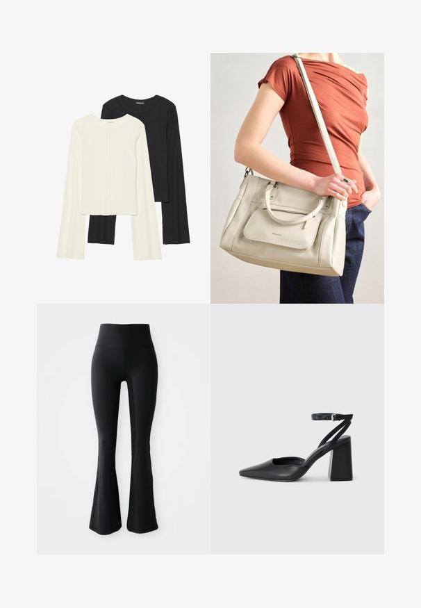 Sett med to langermede topper i hvit og svart. Ribbete tekstur, rund hals, tettsittende design med lett utsvingte ermer.; Svarte, utsvingte yogabukser laget av elastisk materiale med høy midje, med jevn tekstur og ingen synlige mønstre eller detaljer.; Svart lær pumps med spiss tå, ankelrem og kraftig hæl. Flat tekstur, strømlinjeformet design og minimalisme.; Hvit skinnveske med doble håndtak og avtagbar stroppe, med en frontlomme med glidelås og glatt tekstur. Bært på en persons arm.