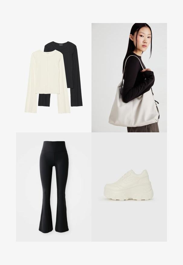 Conjunto de duas blusas de manga longa em branco e preto. Textura canelada, decote redondo, design ajustado com mangas ligeiramente evasê.; Calças de yoga pretas com saia larga feitas de um material elástico com uma cintura alta, apresentando uma textura suave e sem padrões ou acentos visíveis.; Tênis brancos de plataforma com um cabedal suave semelhante a couro, formato arredondado, colarinho acolchoado e sola de borracha texturizada com ranhuras bem definidas.; Uma bolsa bege feita de material macio, com um design descontraído, detalhes de costura e duas alças para o ombro. Adequada para uso diário.