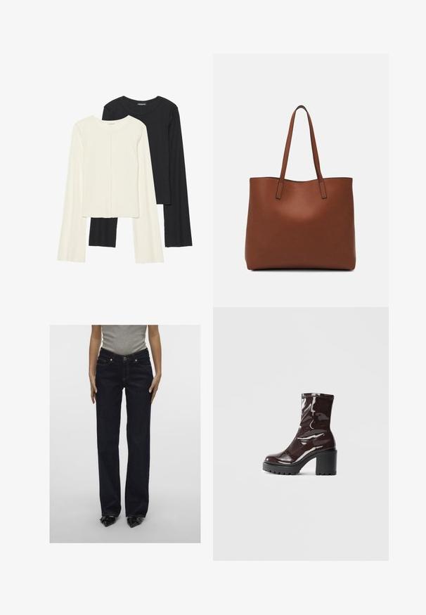 Dviejų ilgomis rankovėmis marškinėlių rinkinys, baltas ir juodas. Raukšlėta tekstūra, apvalus kaklas, prigludusi forma su šiek tiek platėjančiomis rankovėmis.; Tamsiai mėlynos džinsinės kelnes pasižymi tiesia kojų forma, penkių kišenių dizainu ir kontrastinga siuvimo linija. Priekinis mygtukų užsegimas su užtrauktuku.; Blizgus burgundių spalvos kulknapis su tankiu juodu kulnu, pasižymintis lygiu paviršiumi ir paprastu dizainu. Nėra matomų užsegimų ar raštų.; Ruda odinė priekabų krepšys su glotnia tekstūra, atviru viršumi ir dviem petnešomis. Su minimalia siuvimo detalėmis ir nematoma aparatūra.