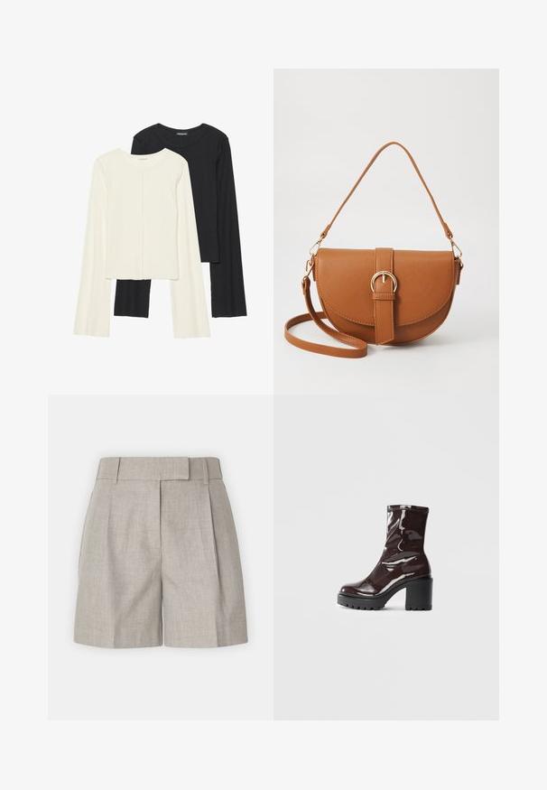 Divu garo piedurkņu tops komplekts baltā un melnā krāsā. Ribota tekstūra, apaļš kakls, pieguļoša dizaina ar nedaudz izplestām piedurknēm.; Gaiši pelēki šorti ar strukturētu jostasvietu, krokām un brīvu piegriezumu ar gludu linu tekstūru. Vienkāršs un universāls dizains.; Spīdīgas bordo potīšu botītes ar masīlu melnu papēdi, kurām ir gluda tekstūra un vienkāršs dizains. Nav redzamu aizdari vai rakstu.; Brūns ādas plecu soma ar izliekta formu, zelta piederumiem un sprādzes akcentu. Iesaiņota ar noņemamu plecu siksnu.